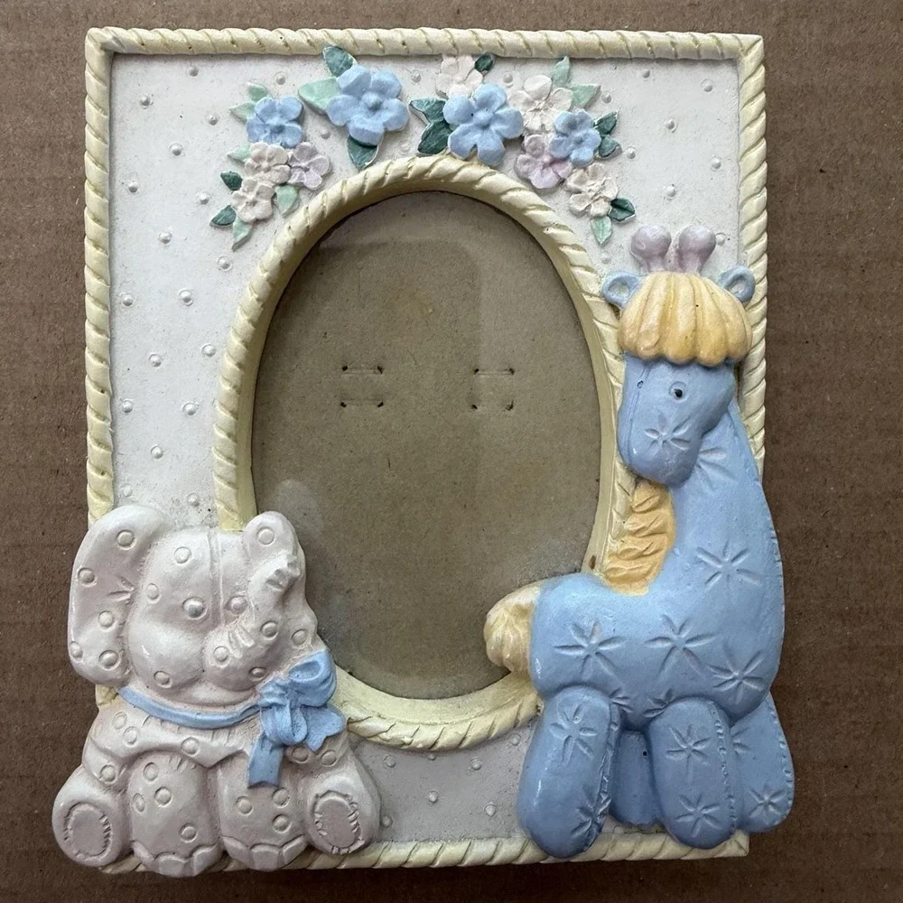 Vintage Baby Nursery Picture Frame Teddy Bear Blue Giraffe